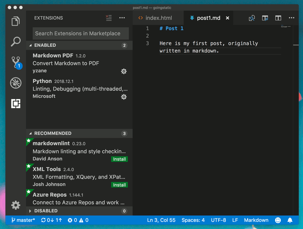 A post written in markdown and the plugins view in Visual Studio Code