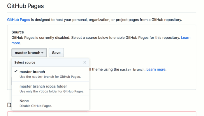 Select the source branch for GitHub Pages