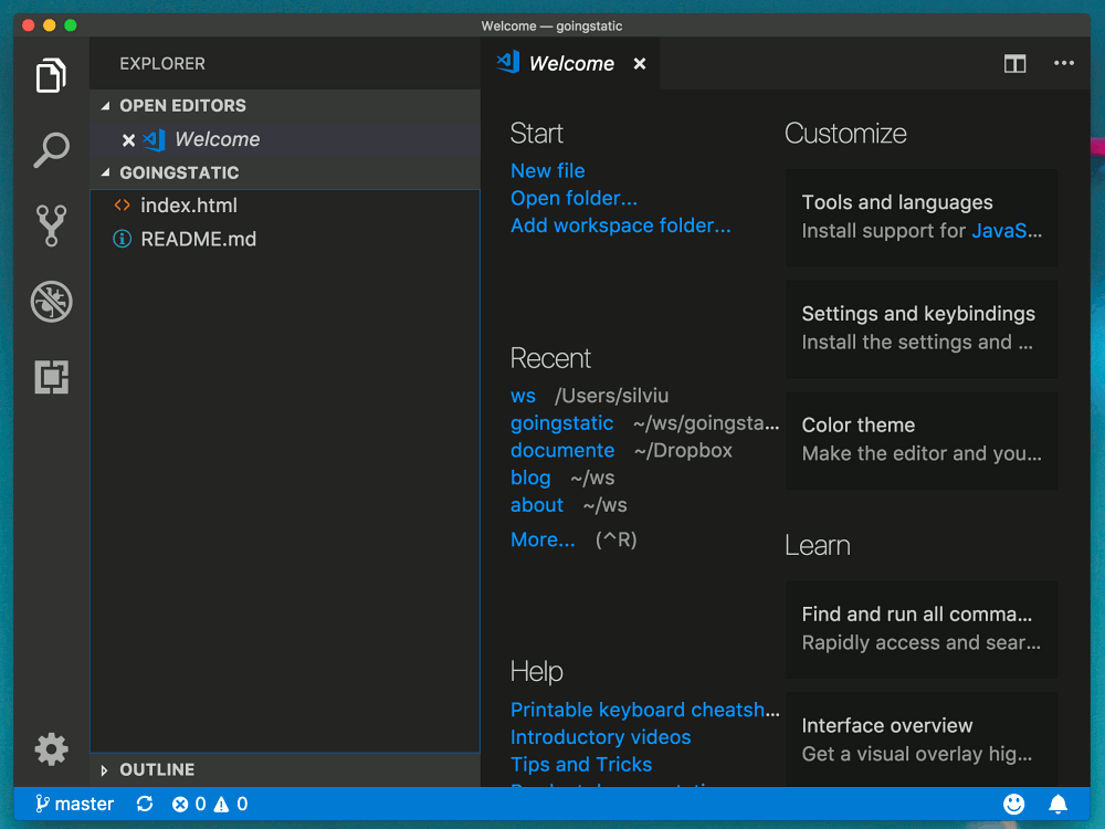 Your website repository opened in Visual Studio Code